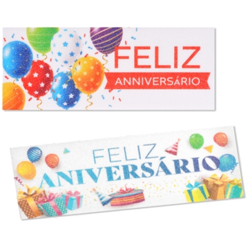 Placa Retangular de Oblea com Impresso Feliz Aniversrio 100x40mm 120 un