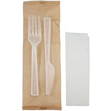 Plastic Fork+Knife PLUS 180mm REUSE + Napkin Individually Wrapped 500 pcs