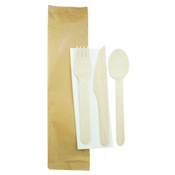 Conjunto Garfo + Faca + Colher Sopa em Madeira 160mm + Guardanapo 500un
