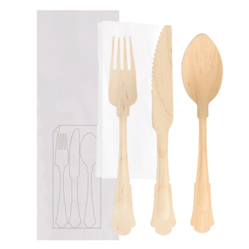Conjunto Garfo Faca e Colher Classic em Madeira 200mm + Guardanapo 200un