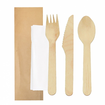 Conjunto Garfo + Faca + Colher Makan em Madeira 160mm + Guardanapo 100un