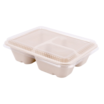 Bandeja Rectangular em Cana de Acar 950ml + Tampa 220x1806x55x13mm 3 divises 100un