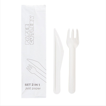 Set Garfo e Faca de Cartolina Branco 158mm Paper Cutlery 100 un