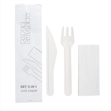 Set Garfo e Faca de Cartolina Branco 158mm com Guardanapo Paper Cutlery 100 un
